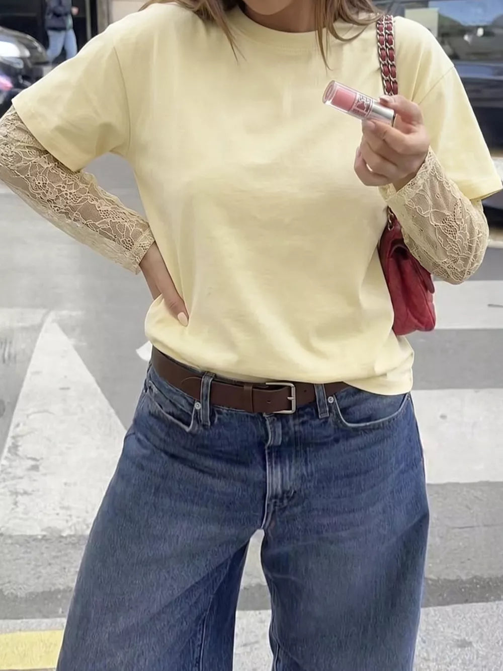 Lace Sleeve Round Neck T-shirt in Yellow, model styling view