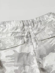 Men's grey camouflage utility cargo pants with multiple pockets.