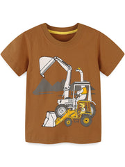 Brown cotton blend crew neck t-shirt with excavator and dinosaur graphic.