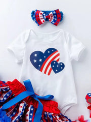 Baby 4-piece patriotic heart print outfit with bodysuit, tutu, headband, and shoes.