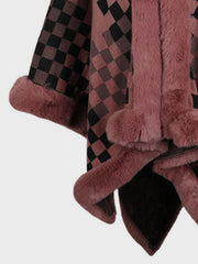 Dusty Pink checkered cape with faux fur trim and pom-poms.