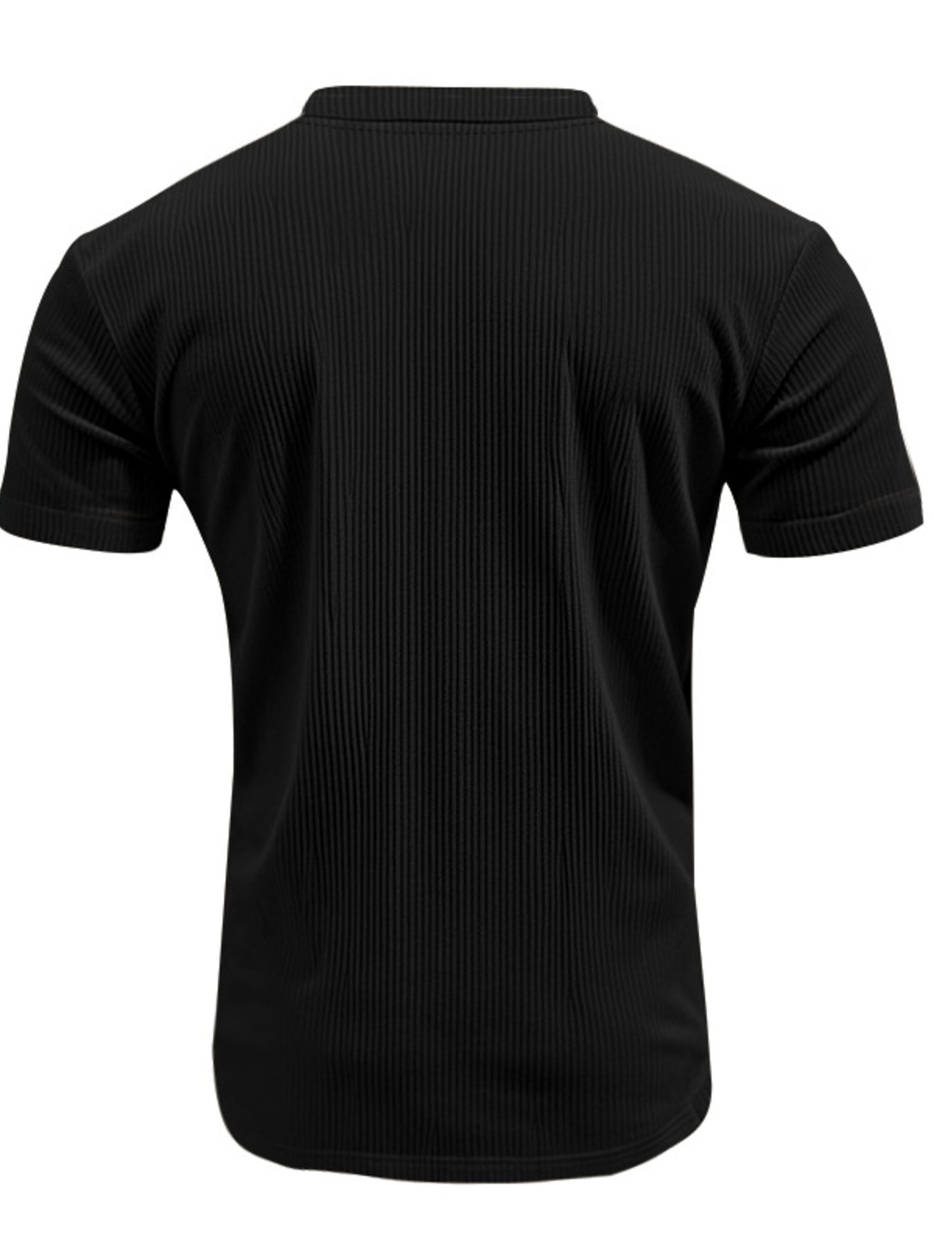 Black ribbed V-neck t-shirt with short sleeves and a comfortable fit.