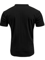 Black ribbed V-neck t-shirt with short sleeves and a comfortable fit.