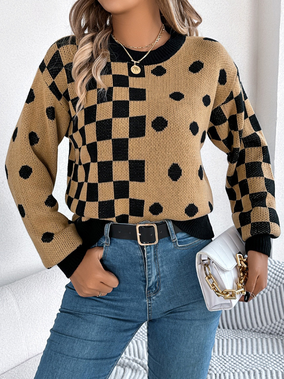 Camel acrylic sweater with checkerboard and dot intarsia pattern, crew neck, long sleeves.