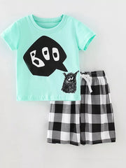 Playful Monster Graphic Tee & Plaid Shorts Set