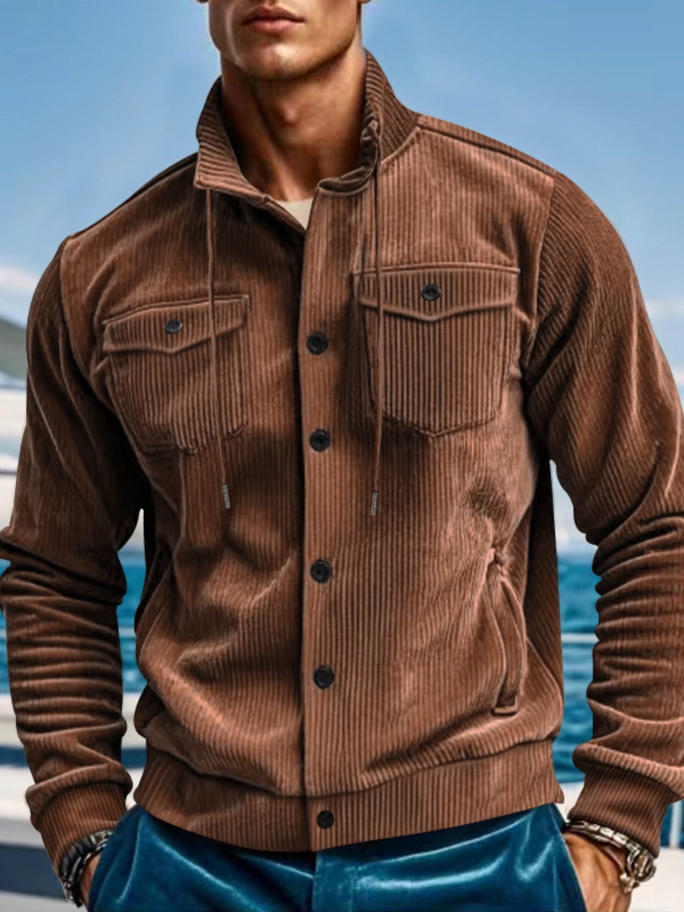 Casual Corduroy Jacket With Flap Pockets
