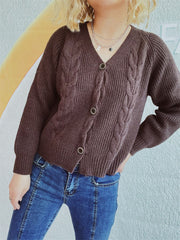 Brown cable knit raglan cardigan with V-neck and button front.