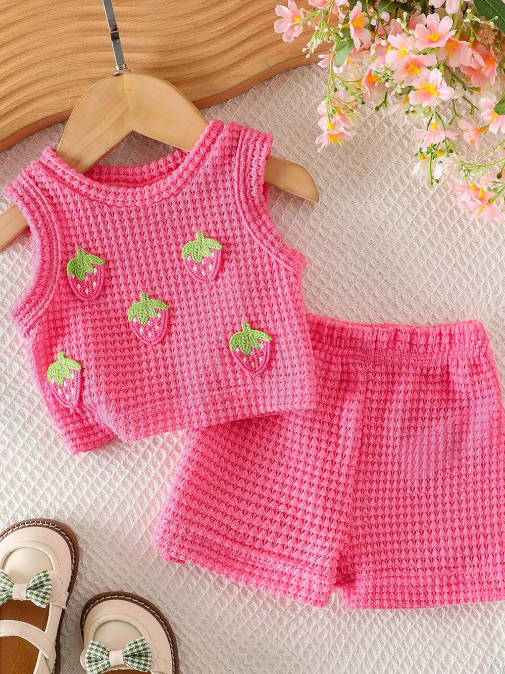 Children's Strawberry Tank And Shorts Set in Pink, front view
