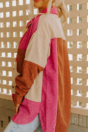 Colorblock corduroy shacket with oversized patchwork in hot pink and brown.