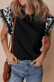 Black tee with embroidered flutter sleeves and lace trim