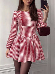 Backless Plaid Long Sleeve Mini Dress, side view