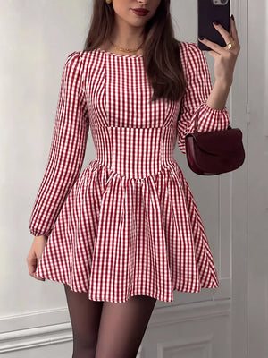 Backless Plaid Long Sleeve Mini Dress, side view