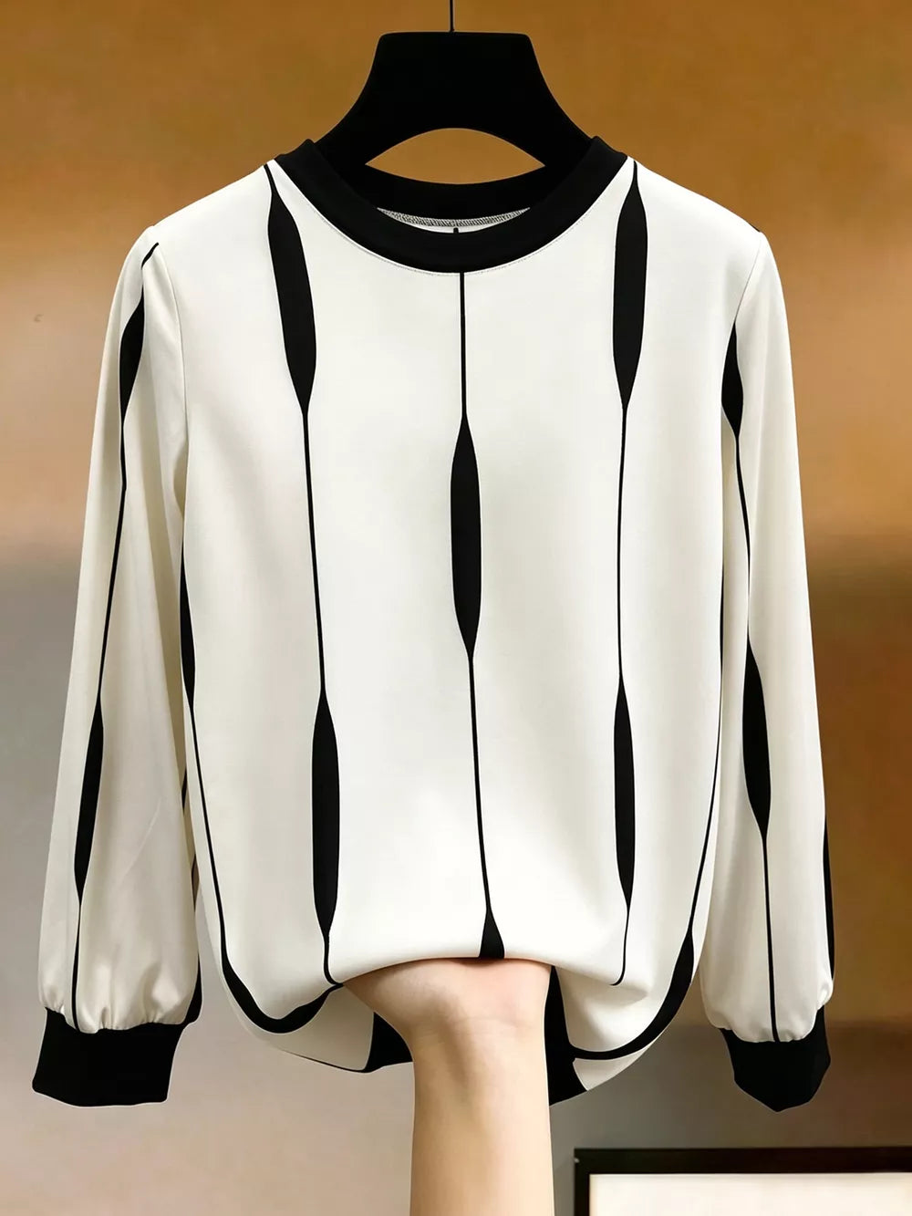 Contrast Vertical Stripe Long Sleeve Blouse in White, front view