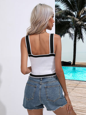 White knit tank top with black contrast trim and square neckline