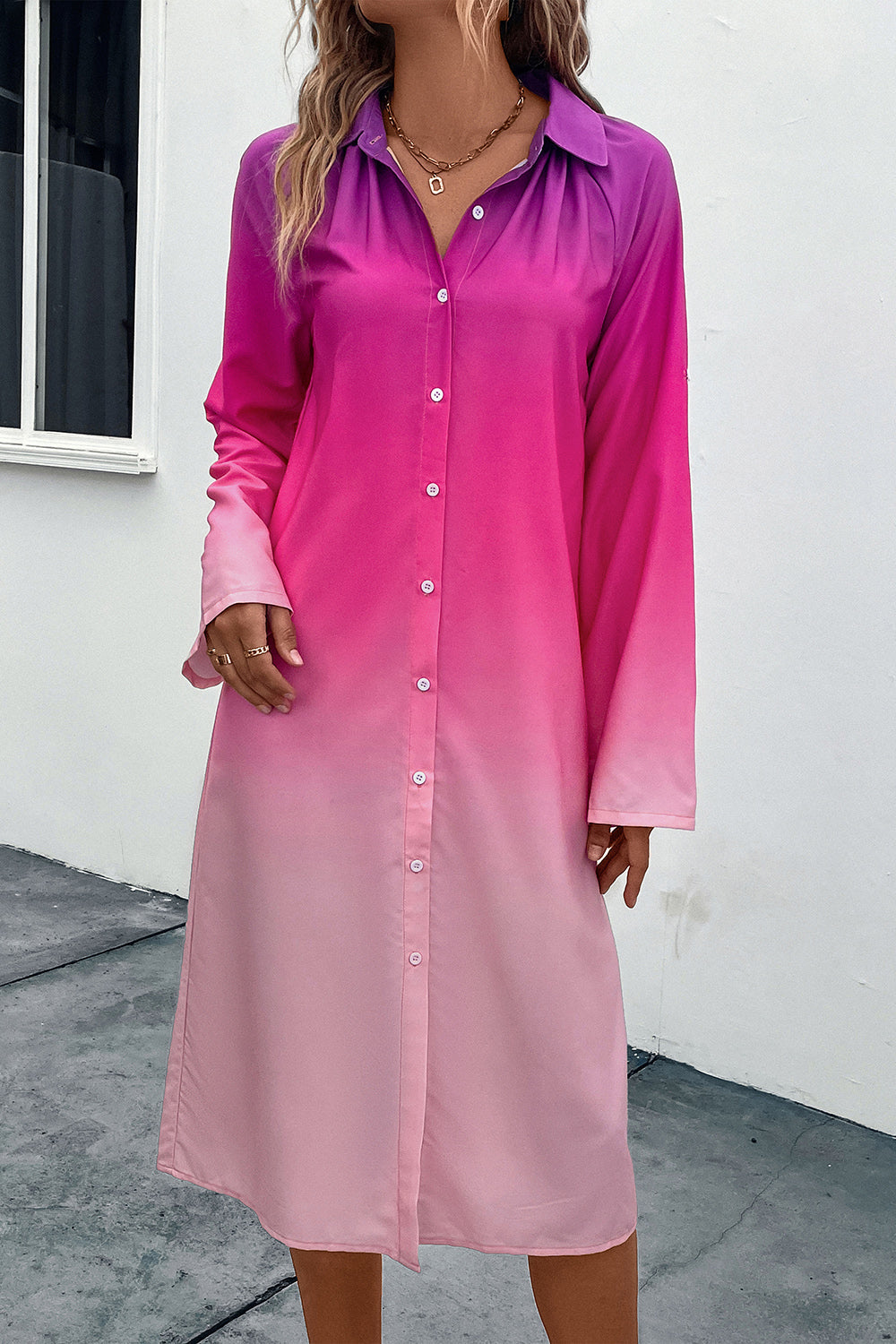 Ombre collared shirt dress in hot pink with cuffed sleeves and button front.
