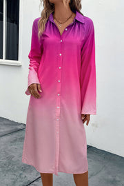 Ombre collared shirt dress in hot pink with cuffed sleeves and button front.
