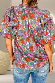 Retro floral puff sleeve blouse with ruffle detail, 100% viscose, casual styling.