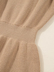 Ribbed knit sweater dress in tan with a defined waist and keyhole detail.
