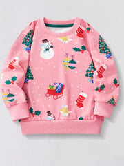 Pink crew neck sweatshirt with allover Christmas print featuring snowmen, trees, and stockings.