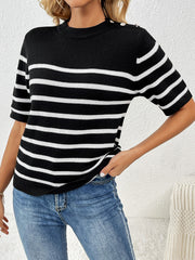 Black and white striped knit top with button shoulder detail and short sleeves