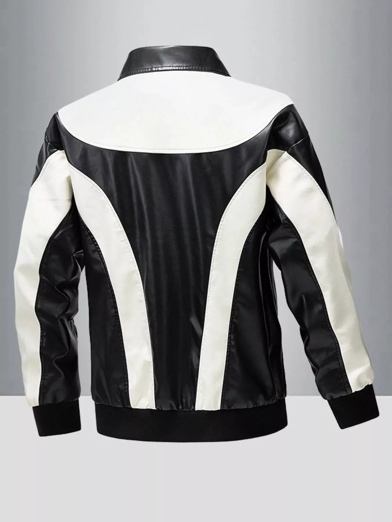 Men's two-tone leather zip jacket in black and white with a stand-up collar and ribbed cuffs.