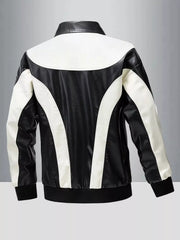Men's two-tone leather zip jacket in black and white with a stand-up collar and ribbed cuffs.
