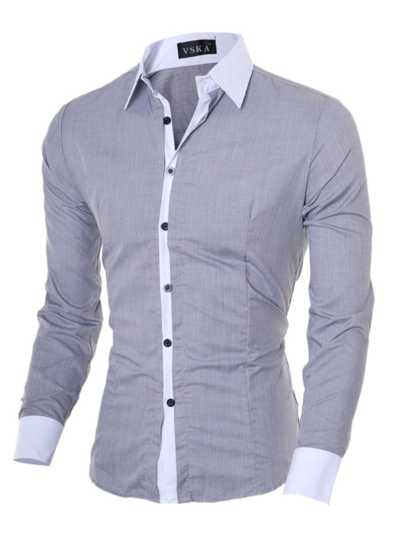 Men's grey slim fit long sleeve shirt with white collar and cuffs