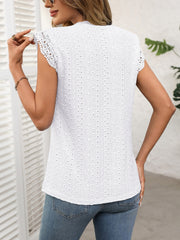 White eyelet cap sleeve blouse with lace trim detail