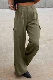 Army green wide-leg pleated cargo trousers with flap pockets and a relaxed fit.