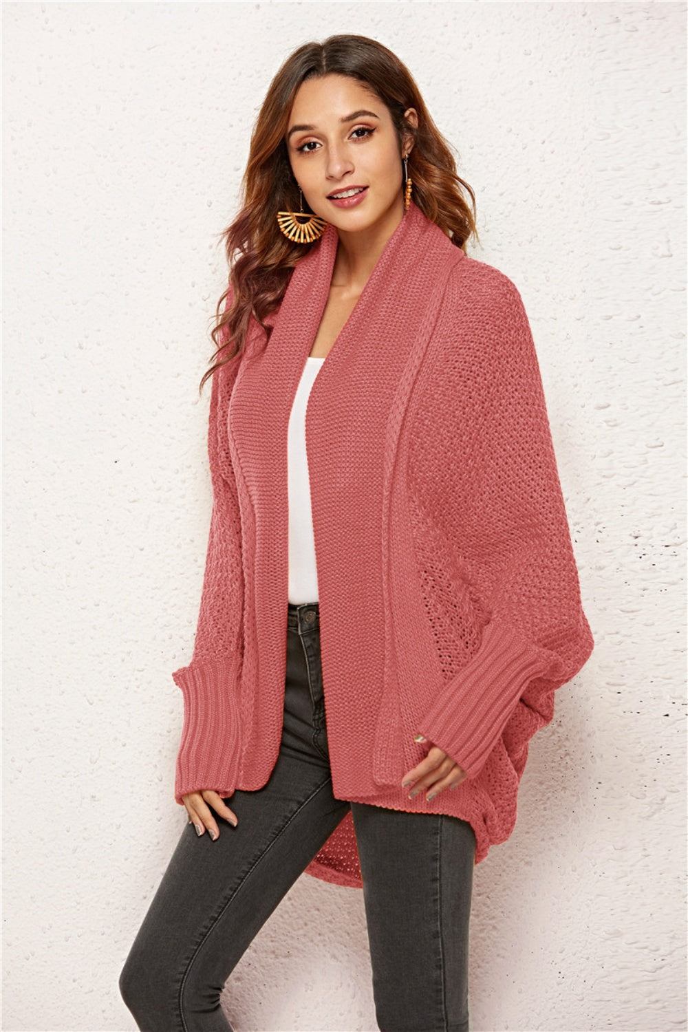 Cocoon knit cardigan in Rust with shawl collar and batwing sleeves.