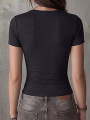 Black V-neck t-shirt with subtle sparkle detail, slim fit, short sleeves