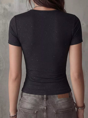Black V-neck t-shirt with subtle sparkle detail, slim fit, short sleeves