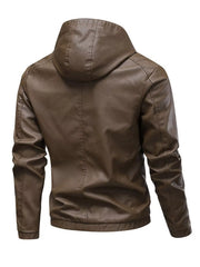 Men's brown faux leather hooded moto jacket with seam details.