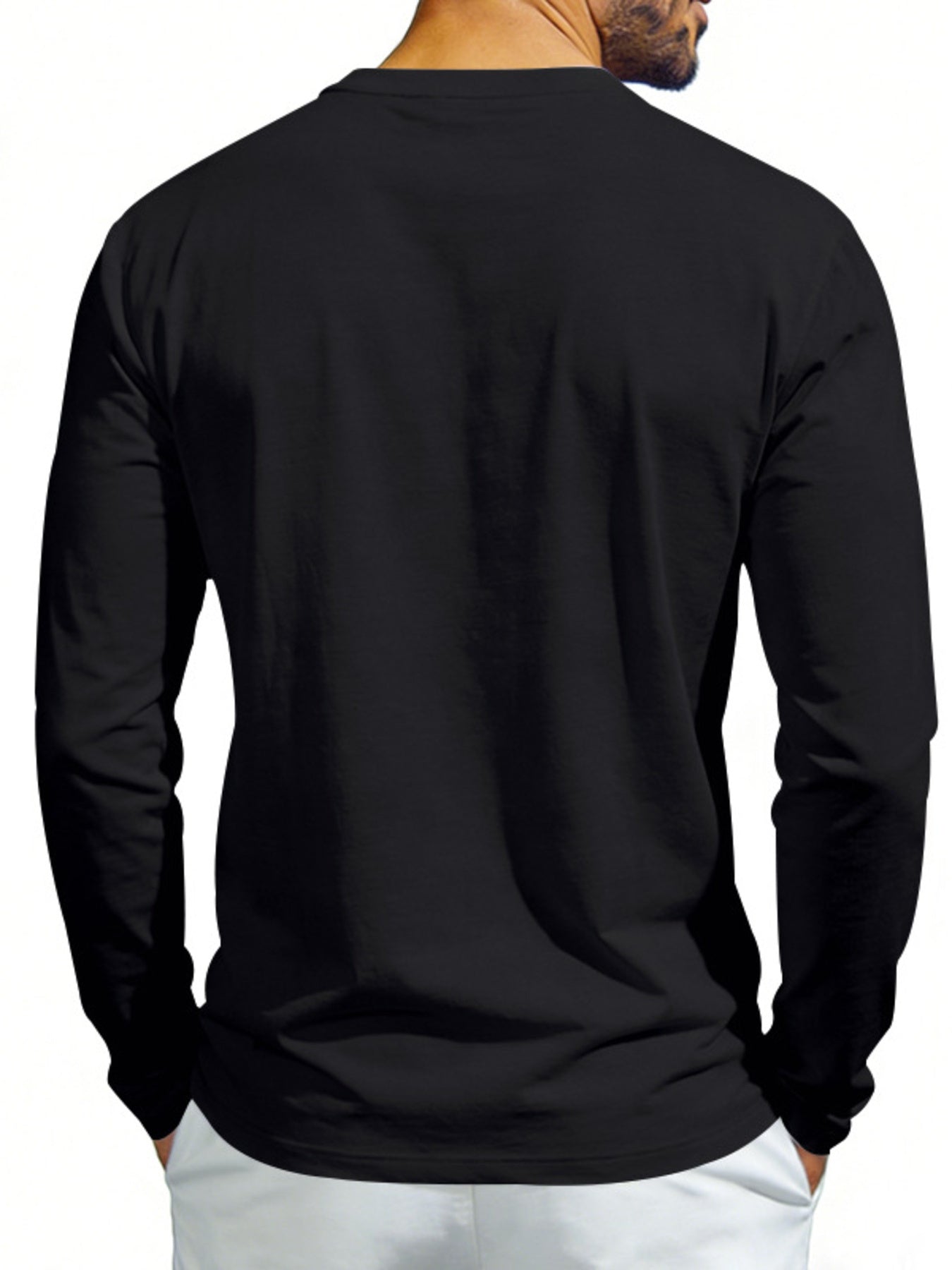 Black long sleeve henley t-shirt with crew neck and button detail visible from the back.