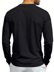 Black long sleeve henley t-shirt with crew neck and button detail visible from the back.