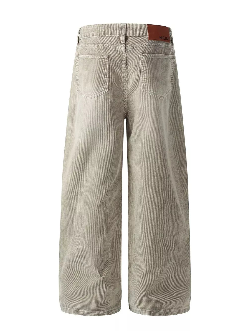 Men's gray wide-leg corduroy joggers with back pockets and a brown brand tag.