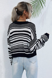 Cropped black and white striped knit crew neck sweater with long sleeves.