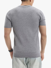 Men's gray knit crew neck undershirt with short sleeves and ribbed hem.