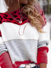 Leopard panel knit sweater in scarlet and white colorblock with gray accents.