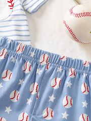 Baby bodysuit set with blue stripes and baseball print shorts.