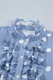 Blue and white striped button-down shirt with polka dots and ruffles.