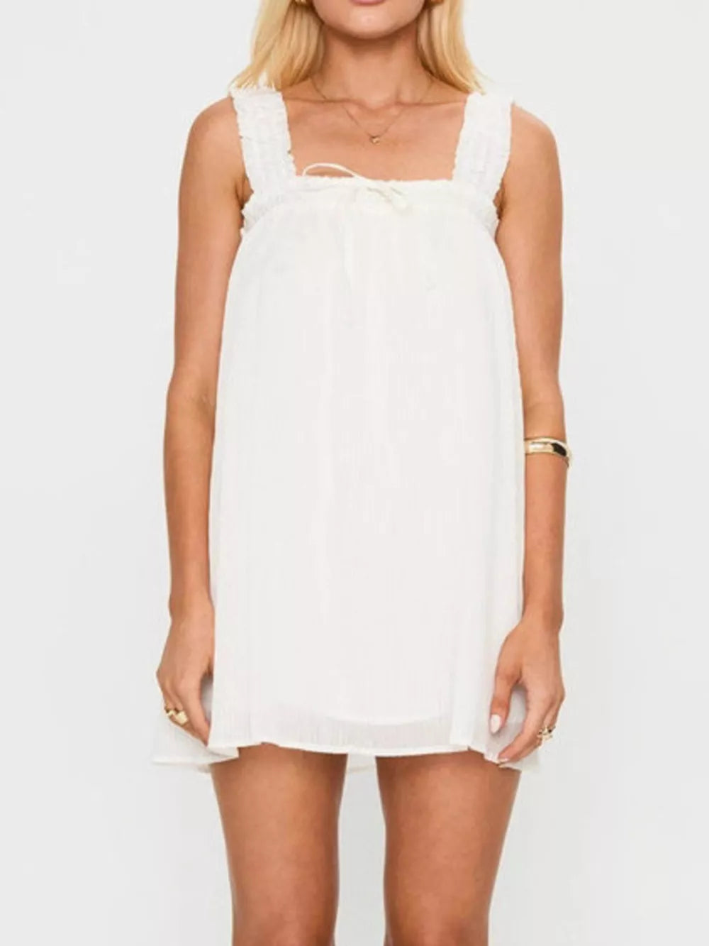 Frilled square neck mini dress with drawstring tie in white