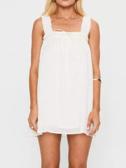 Frilled square neck mini dress with drawstring tie in white