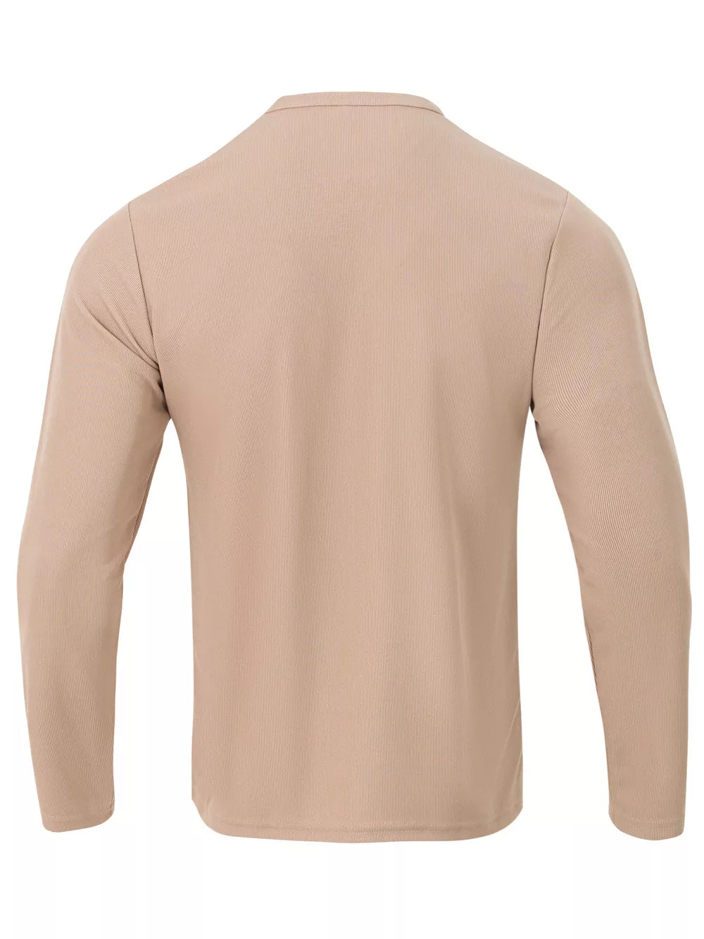 Men's long sleeve Henley t-shirt in Khaki cotton with ribbed texture.