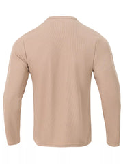 Khaki long sleeve Henley t-shirt with ribbed texture and crew neck.