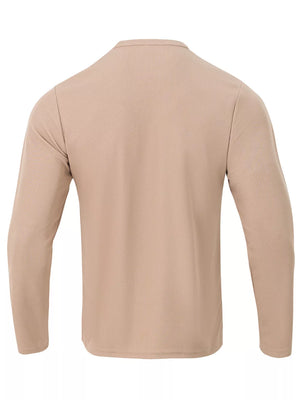 Khaki long sleeve Henley t-shirt with ribbed texture and crew neck.