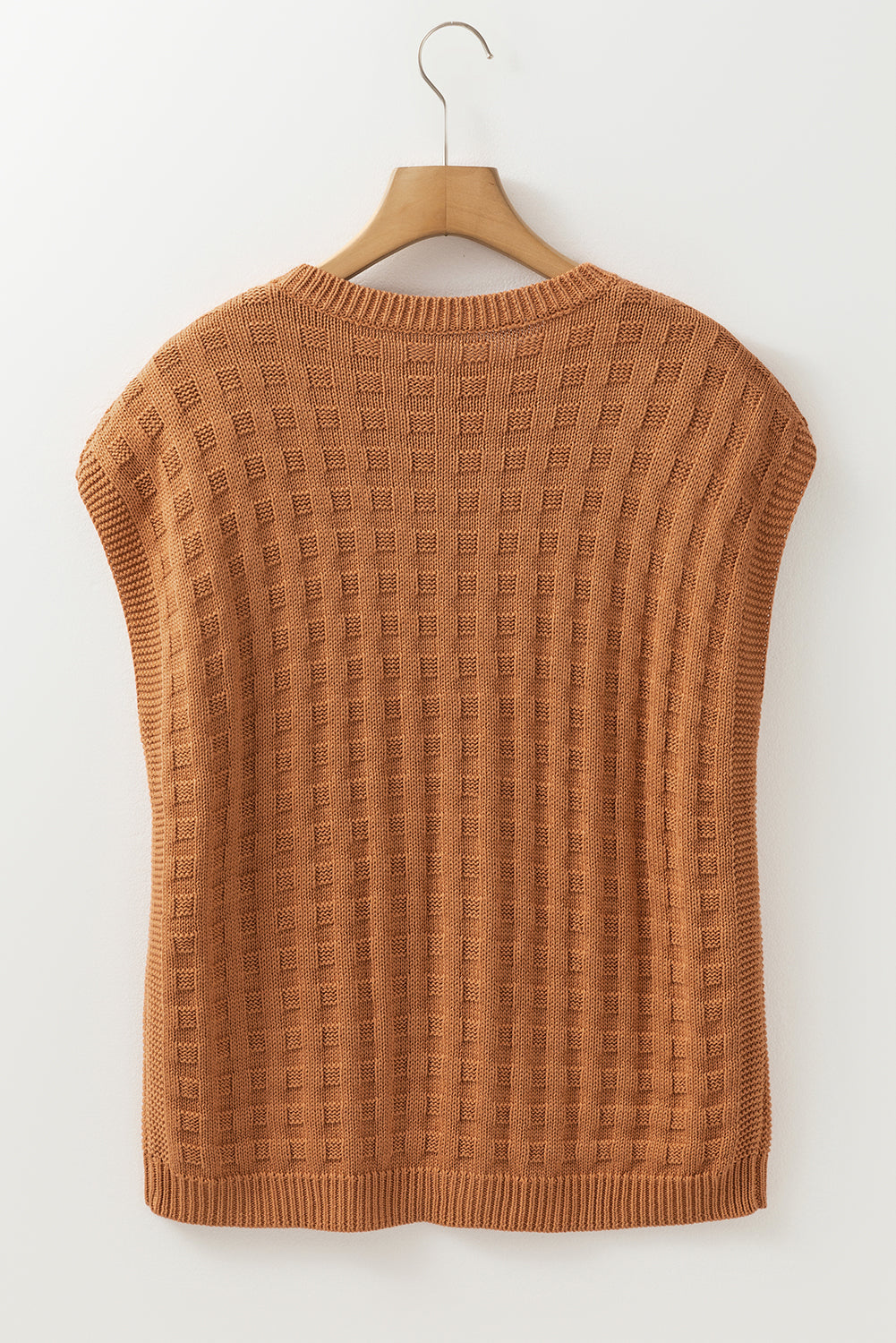 Camel textured knit boxy top with crewneck and sleeveless design.
