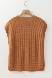 Camel textured knit boxy top with crewneck and sleeveless design.