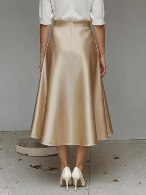 Elegant A-line satin skirt in Khaki Color with pockets, flowing midi length.