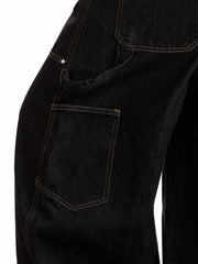 Belted wide-leg black jeans with pockets and contrast stitching.
